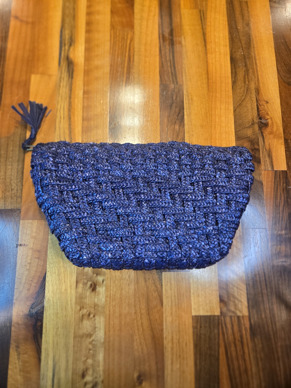 Italian Woven Raffia Tassel Clutch - Blue